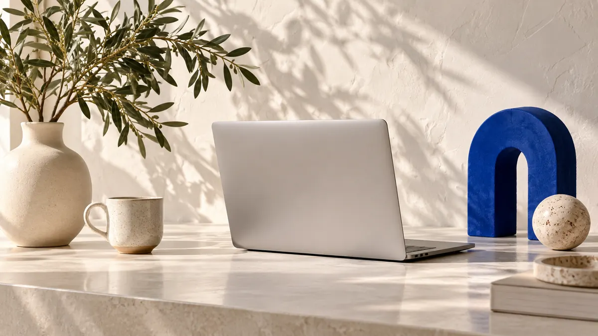 Ordinateur sur un bureau clair et arche bleue